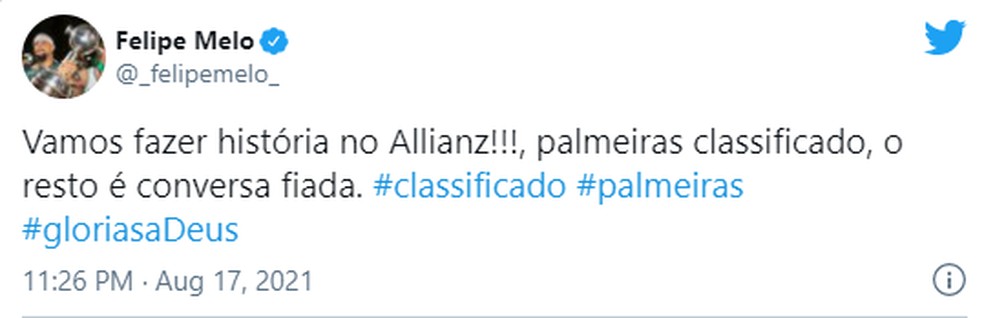 Felipe Melo ironiza fala de Crespo, técnico do São Paulo, após classificação do Palmeiras na Libertadores — Foto: Reprodução/Twitter