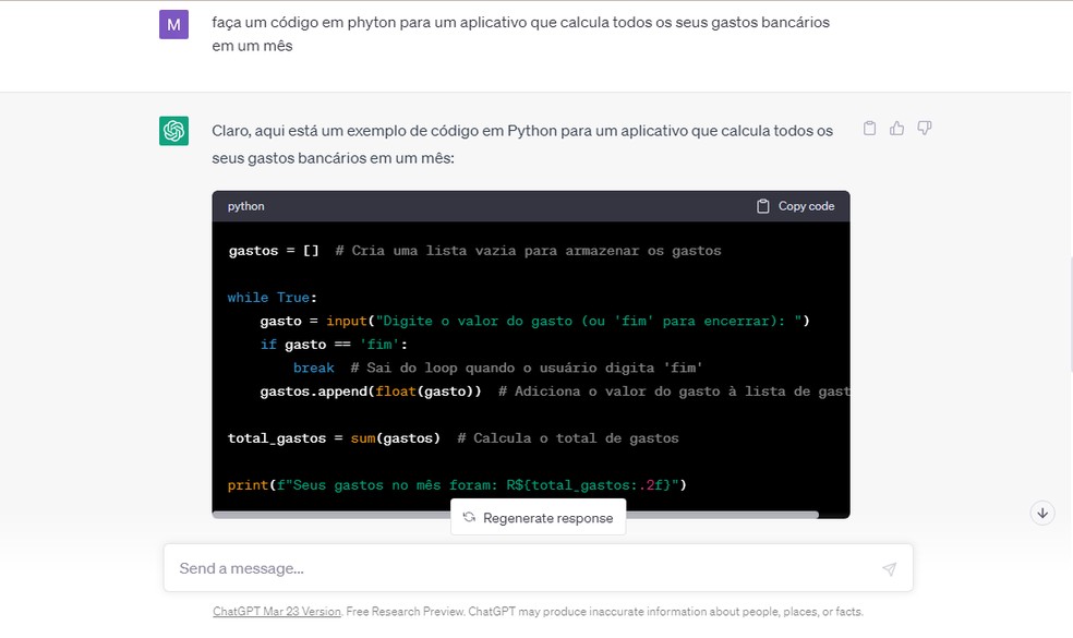 ChatGPT pode gerar linhas de código para aplicativos — Foto: Reprodução/Maria Alice Freire