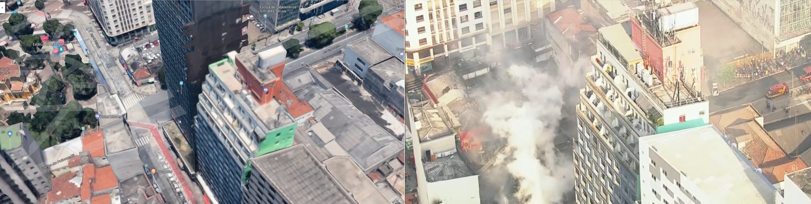 Prédio desaba no centro de SP após incêndio: à esquerda, imóvel antes da tragédia (Foto: Reprodução/TV Globo )