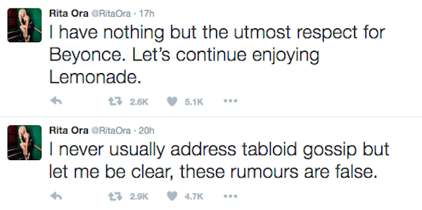 As publicações de Rita Ora no Twitter (Foto: Twitter)