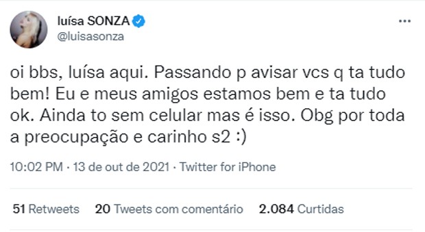 Luísa Sonza posta após assalto (Foto: Reprodução/Twitter)