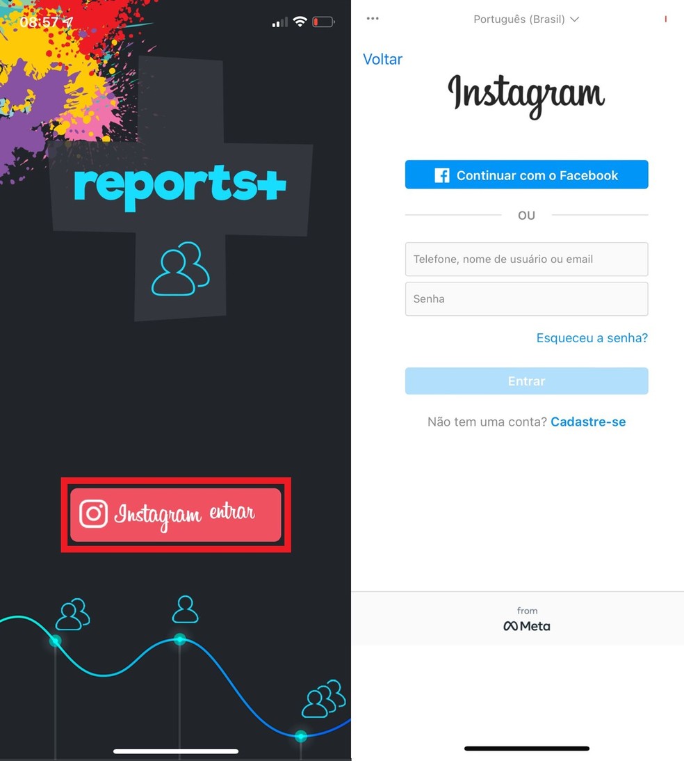 Baixe o app Reports+ na Google Play Store ou App Store e faça login usando as informações da sua conta no Instagram — Foto: Reprodução/Clara Fabro