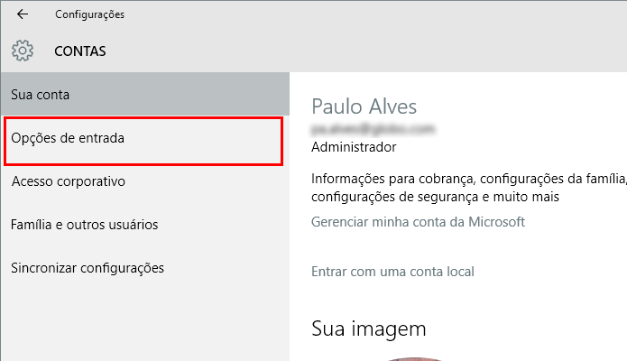 O Windows Hello pode ser acessado no menu Opções de Entrada (Foto: Reprodução/Paulo Alves)