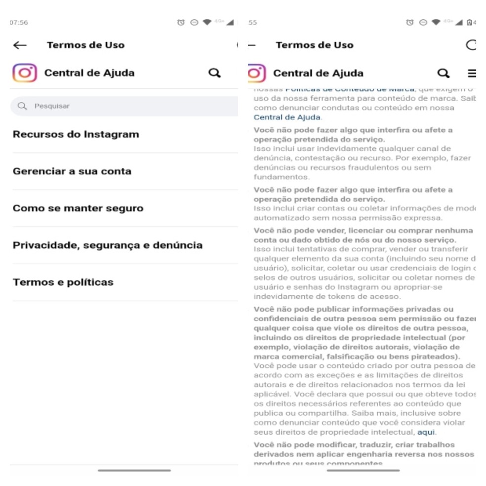 Proibição da venda de perfis nos Termos de Uso do Instagram — Foto: Reprodução/Gisele Souza