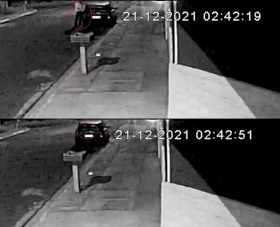 Na primeira imagem é o momento que o suspeito chega próximo do carro e na segunda ele já está dentro do veículo — Foto: Circuito de segurança/ Reprodução 