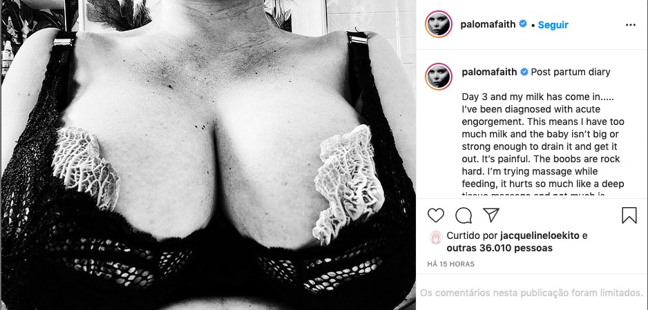 O post da cantora inglesa Paloma Faith sobre as dores decorrentes da amamentação (Foto: Instagram)