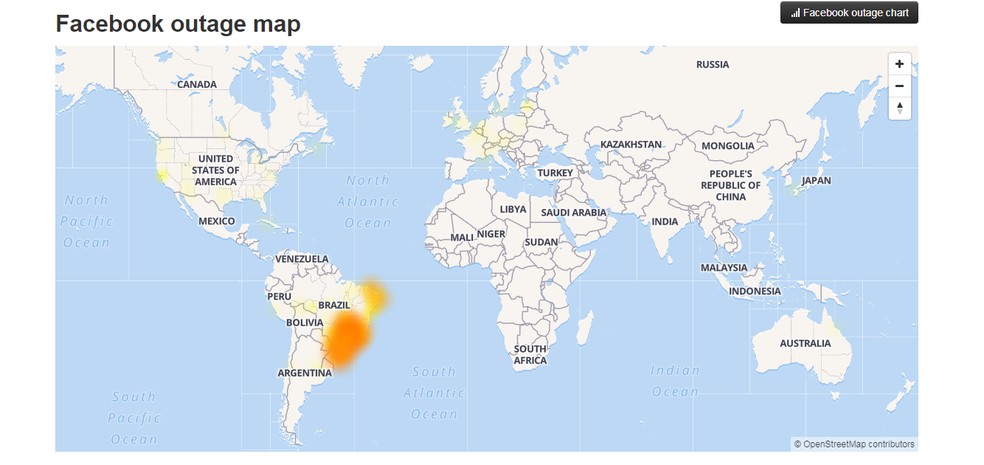 Mapa do site Down Detector aponta que as reclamações de instabilidade no Facebook se concentram no Brasil — Foto: Reprodução/G1
