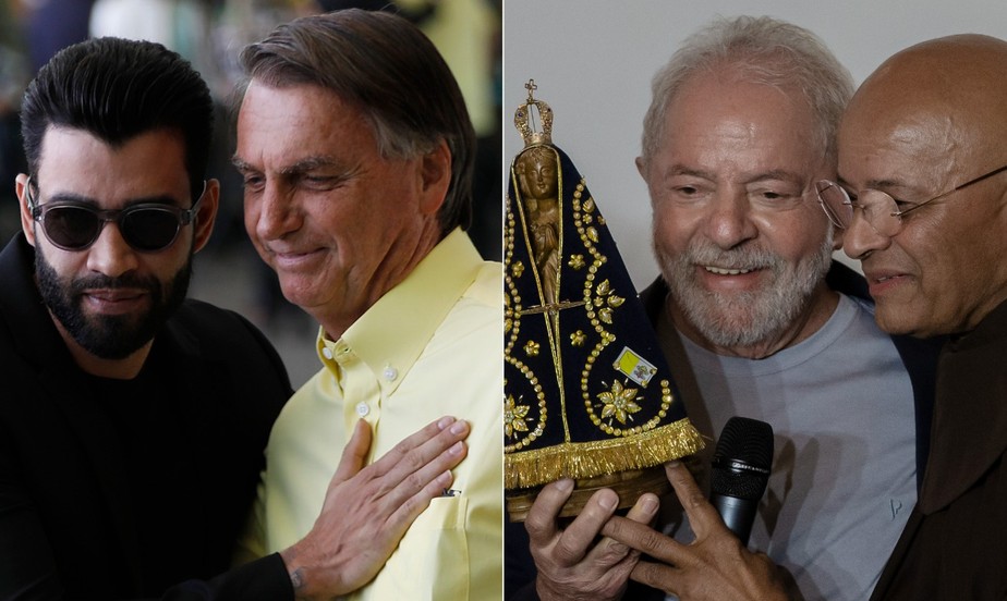 À esquerda, Bolsonaro com Gusttavo Lima; à direita, Lula com a imagem de Nossa Senhora Aparecida