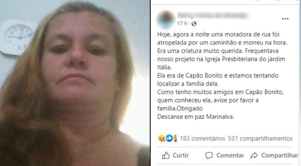 Mobilização na web ajuda família a identificar mulher que morreu atropelada por carreta em Itapetininga — Foto: Arquivo pessoal