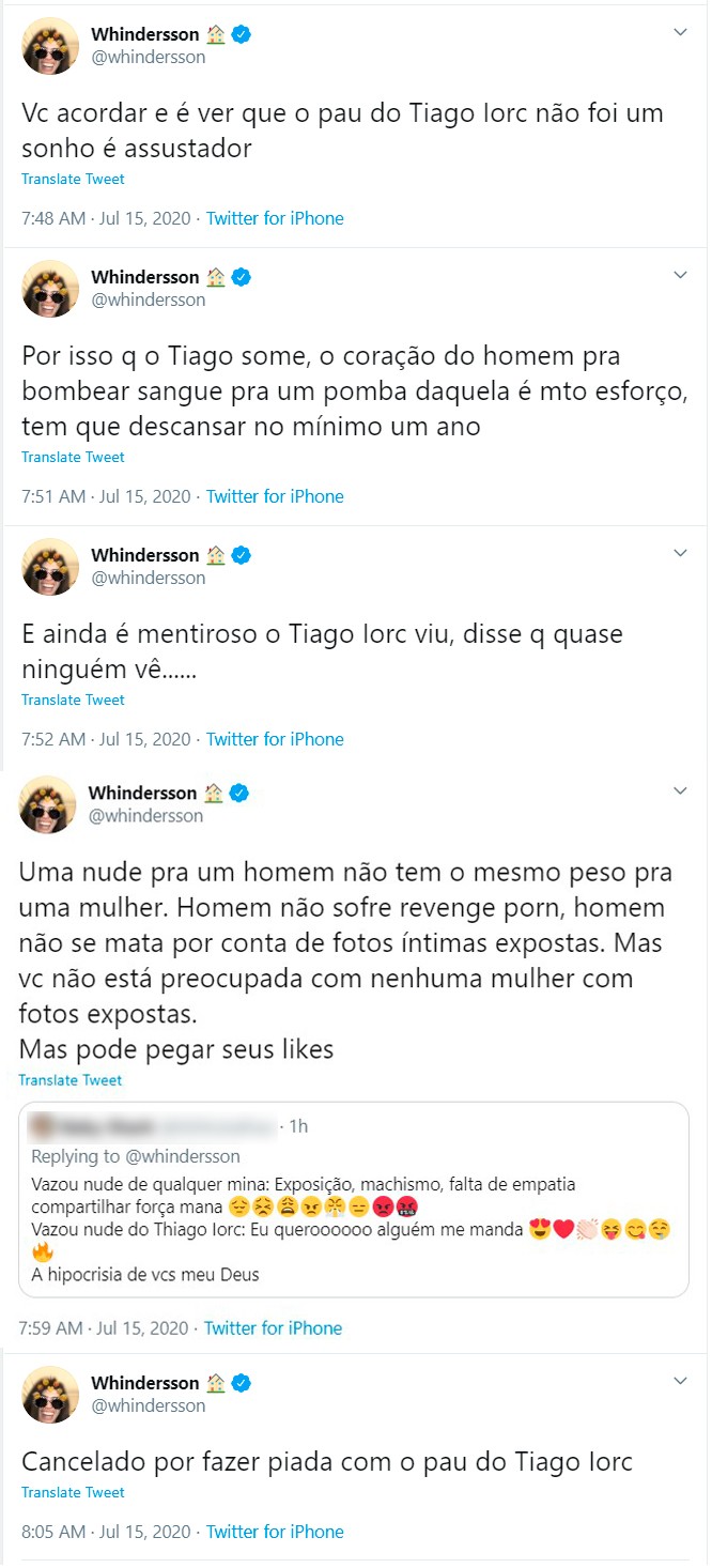 Whindersson Nunes faz piada com suposta nude de Tiago Iorc e é criticado (Foto: Reprodução/Twitter)