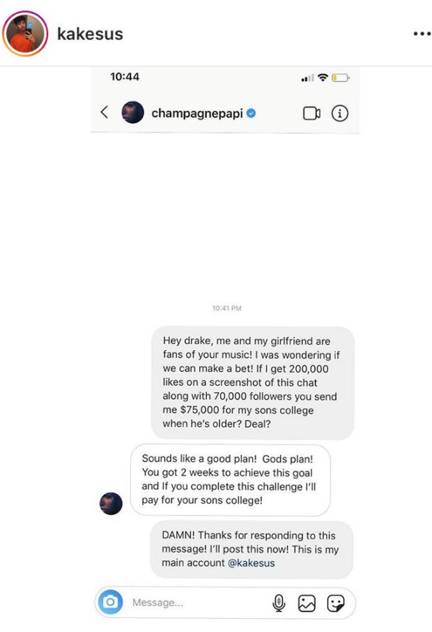 Drake promete pagar faculdade para filho de fã se ele superar desafio em rede social (Foto: Reprodução / Instagram)