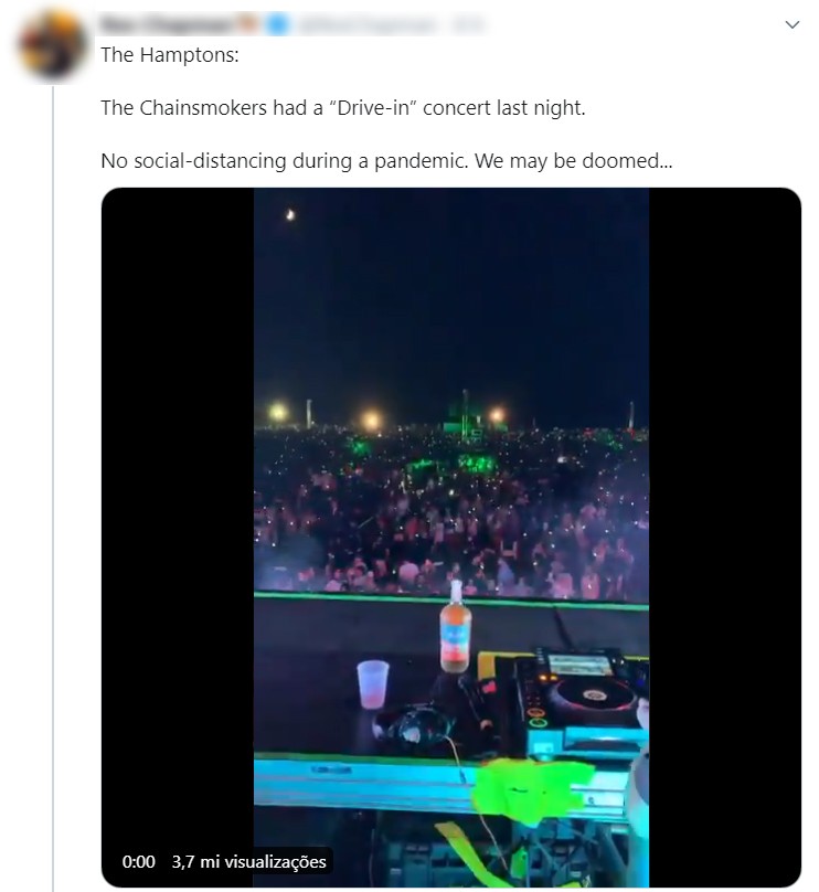 Internautas criticaram show do The Chainsmokers onde medidas de distanciamento social não foram respeitadas (Foto: Reprodução / Twitter)
