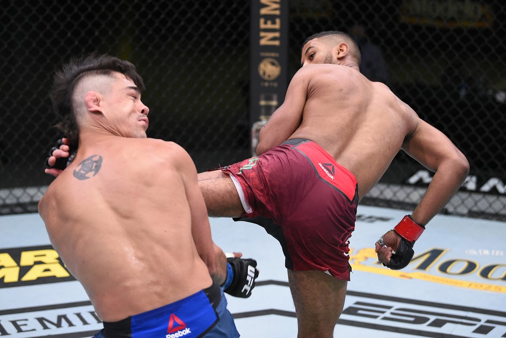 Youssef Zalal acerta o chute rodado que derrubou Peter Barrett no UFC: Lewis x Oleynik — Foto: Getty Images