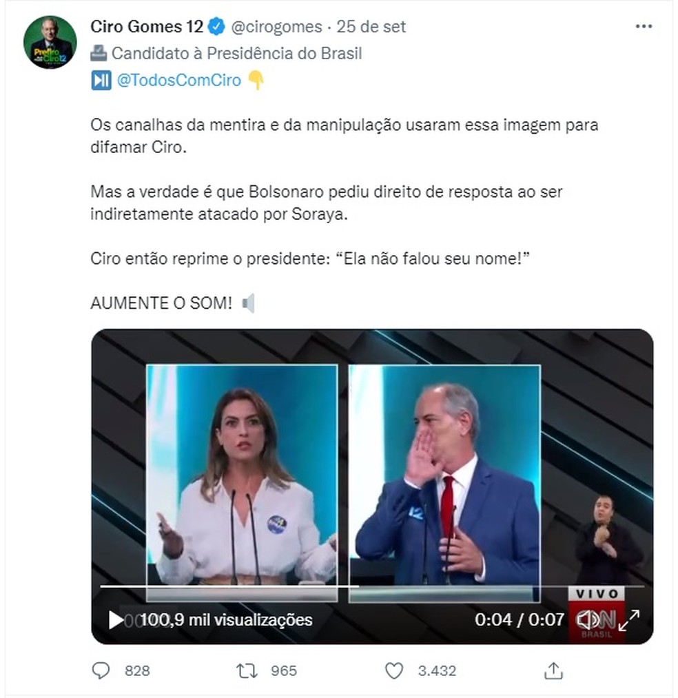 Post de Ciro Gomes nas redes sociais sobre cochicho com Bolsonaro durante debate na TV â Foto: ReproduÃ§Ã£o/Twitter