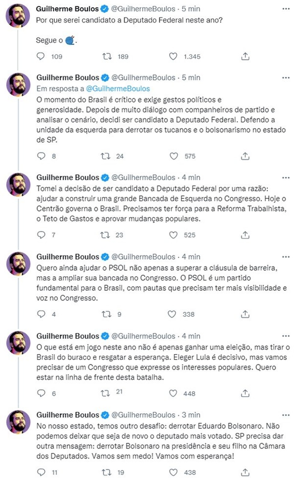 Postagem de Guilherme Boulos (PSOL) sobre candidatura ao cargo de deputado federal nas eleições de 2022 — Foto: Reprodução/Redes Sociais