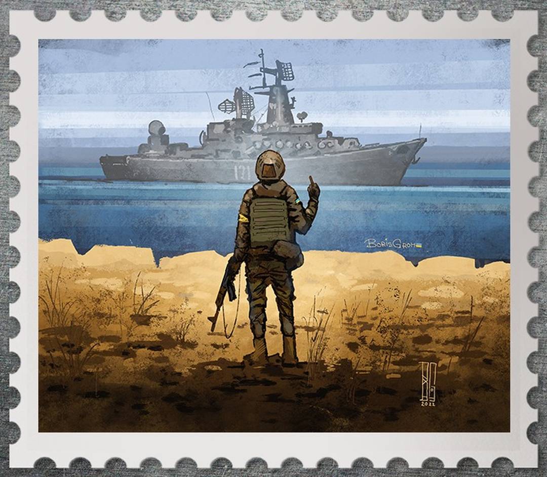 Selo ilustrativo tem soldado 'mostrando o dedo' para embarcação russa