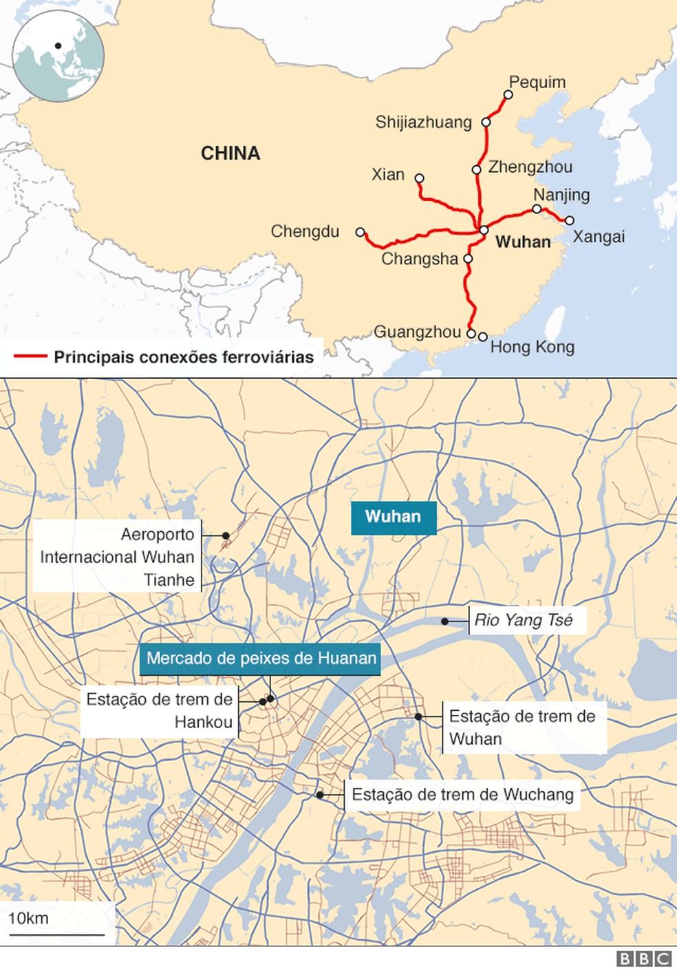 Principais pontos de Wuhan — Foto: BBC