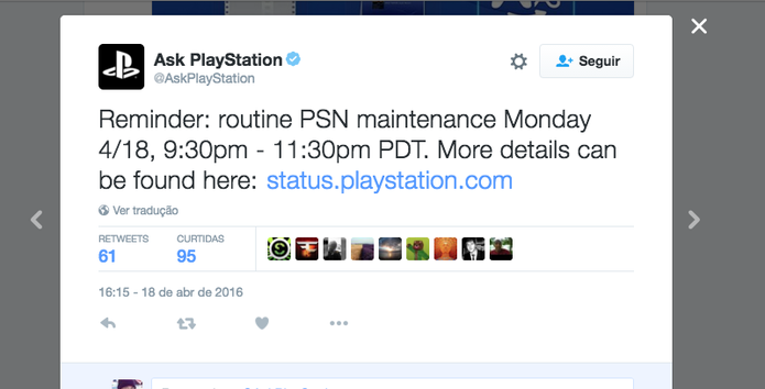 Twitter oficiais da Sony avisam quando a PSN está fora do ar (Foto: Reprodução/Felipe Vinha)