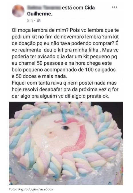 Postagem com o bolo doado por Cida Guilherme (Foto: Reprodução )