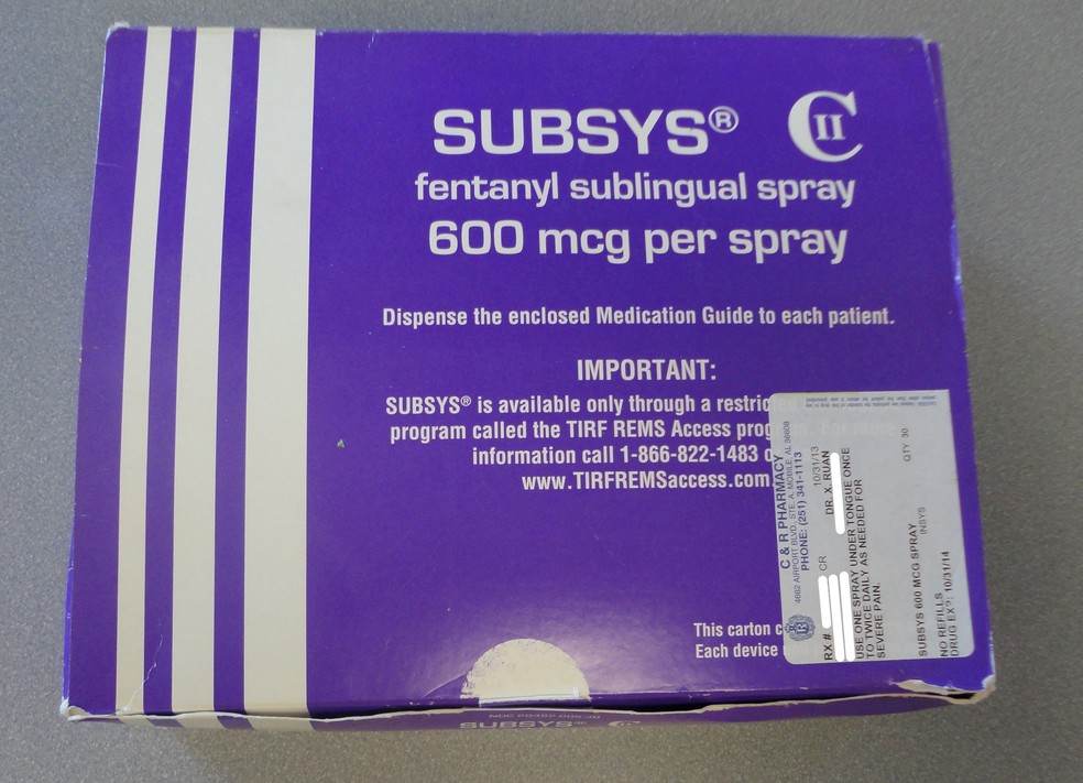Caixa de Subsys, remédio em spray feito com fentanil, opioide usado em casos de câncer com fortes dores (Foto:  U.S. Attorney's Office for the Southern District of Alabama/Handout via REUTERS)