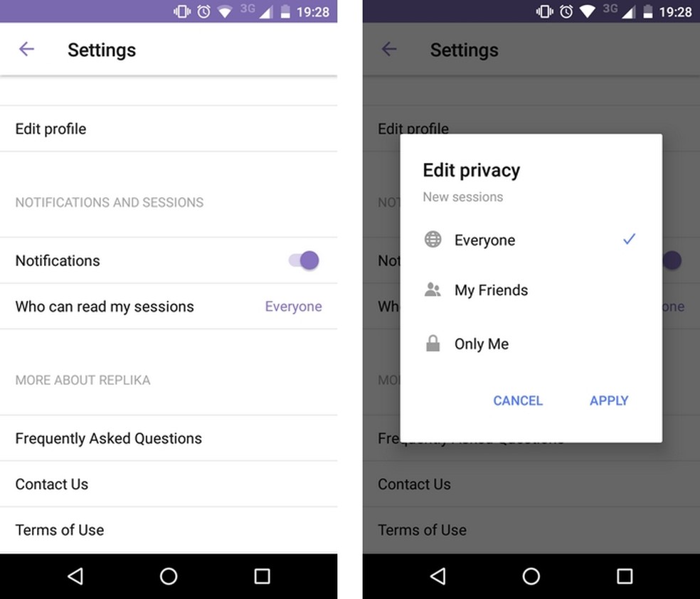 Configuração de privacidade das sessions do Replika (Foto: Reprodução/Raquel Freire)