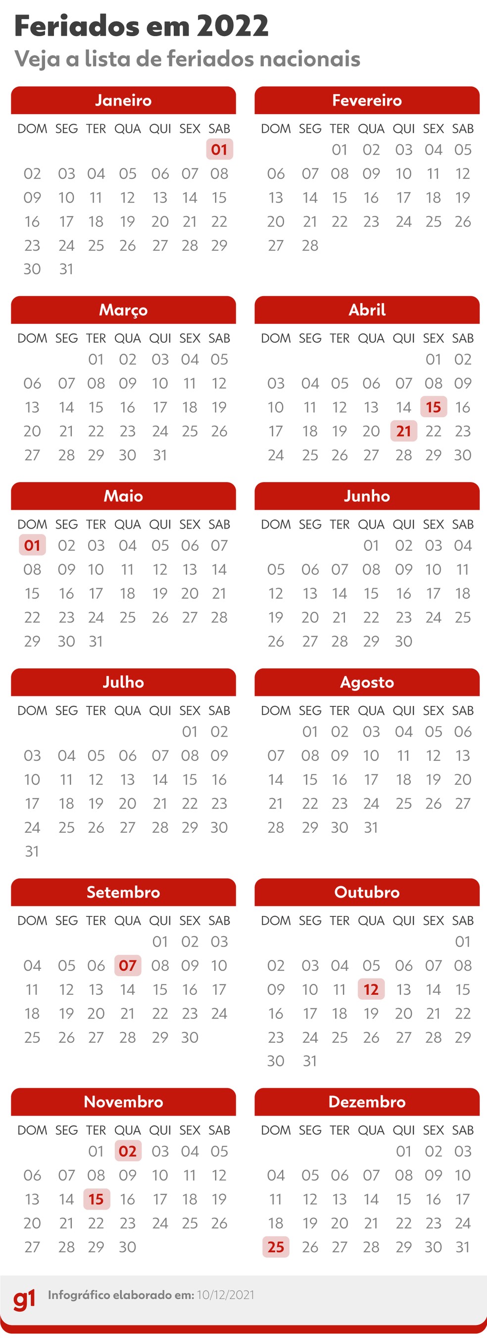 Calendário de feriados de 2022 — Foto: Arte g1