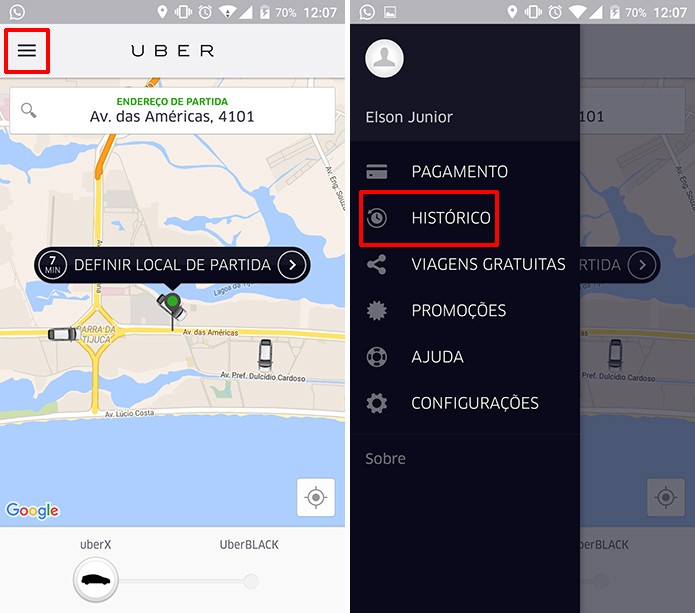Uber possui histórico de viagens que pode ser acessado diretamente no aplicativo (foto: Reprodução/Elson de Souza)