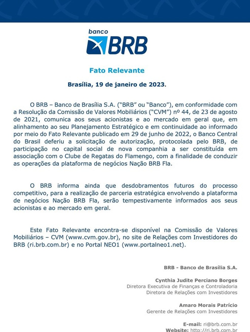 An&uacute;ncio do BRB sobre aprova&ccedil;&atilde;o do Banco Central &mdash; Foto: Reprodu&ccedil;&atilde;o