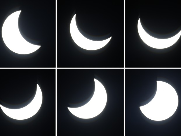 Combinação de imagens mostra a Lua atravessando a frente do Sol durante o eclipse desta sexta-feira (20). As imagens foram feitas em Berlim, na Alemanha (Foto: Michael Sohn/AP)