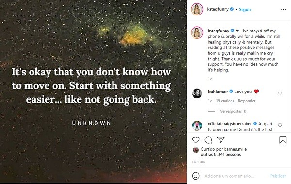 O post da atriz e comediante Kate Quigley falando sobre seu estado de saúde (Foto: Instagram)