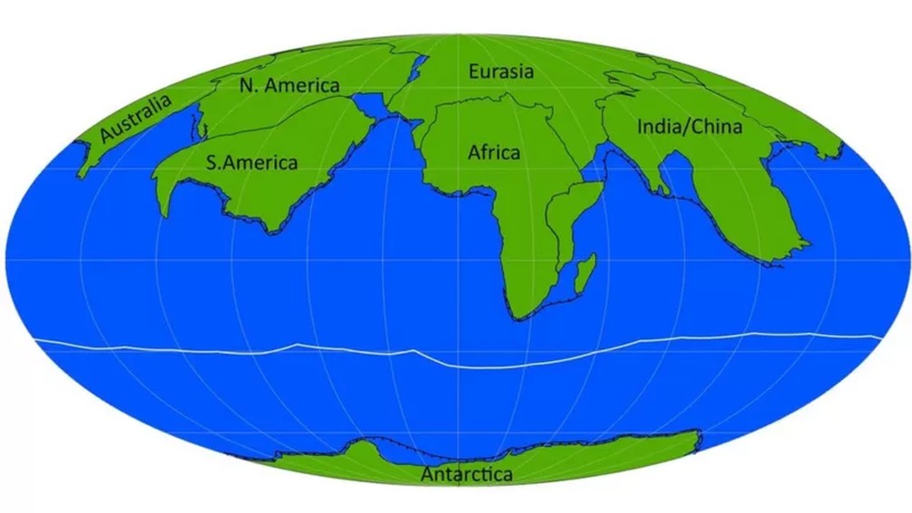 Se a Amásia se formar, é porque os continentes se deslocaram para o norte  — Foto: Davies et al