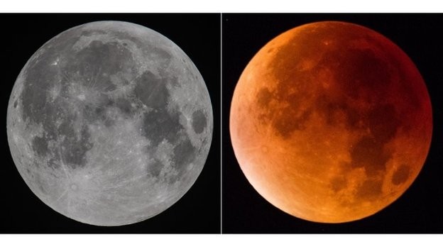 Quando acontece um eclipse total, a Lua fica com um tom avermelhado (Foto: Getty Images via BBC News Brasil)
