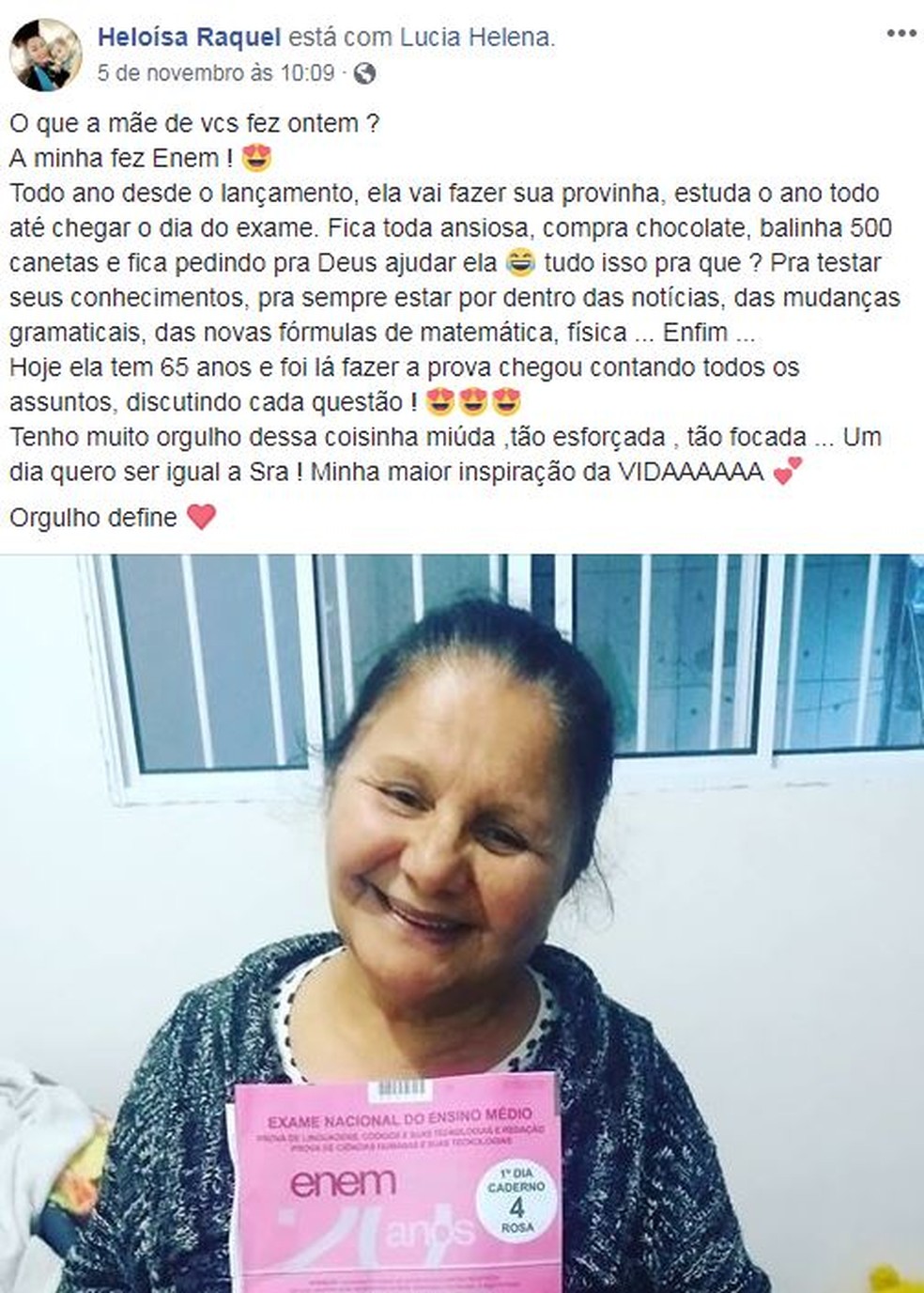 Post no Facebook conta a histÃ³ria de LÃºcia Helena, de 65 anos. â Foto: ReproduÃ§Ã£o/Facebook