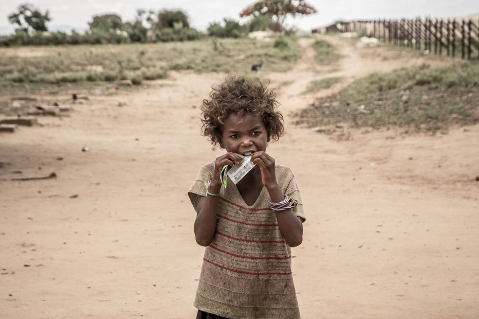 Segundo a ONU, atual situação de Madagascar obrigam os moradores a comer gafanhotos, folhas de cactus e até mesmo barro em algumas épocas (Madagascar, 2018).  — Foto:  RIJASOLO / Getty Images 