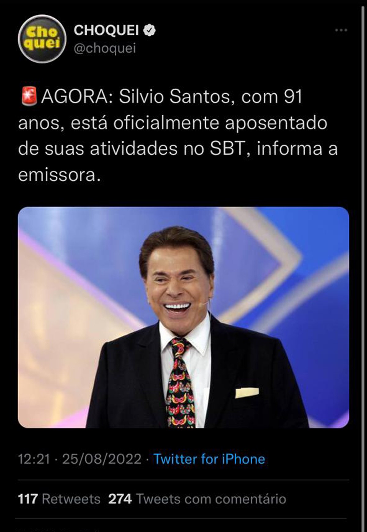 SBT nega boatos sobre aposentadoria de Silvio Santos (Foto: Reprodução Twitter)