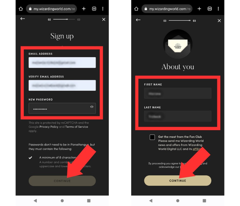 Site Wizarding World pede informações como “Endereço de E-mail”, “Nome” e “Sobrenome” no momento do cadastro — Foto: Reprodução/Mariana Tralback