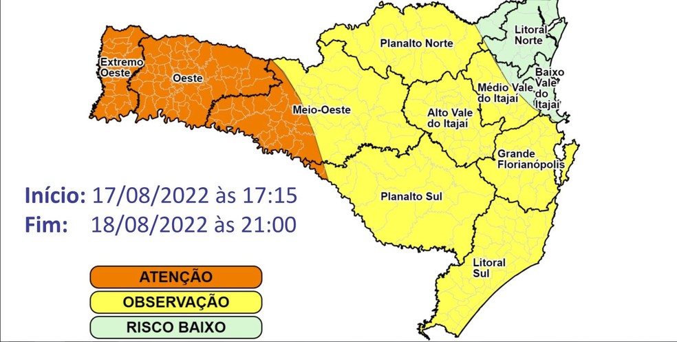 Mapa indica locais com mais chances de estragos causados pela chuva — Foto: Defesa Civil/Divulgação