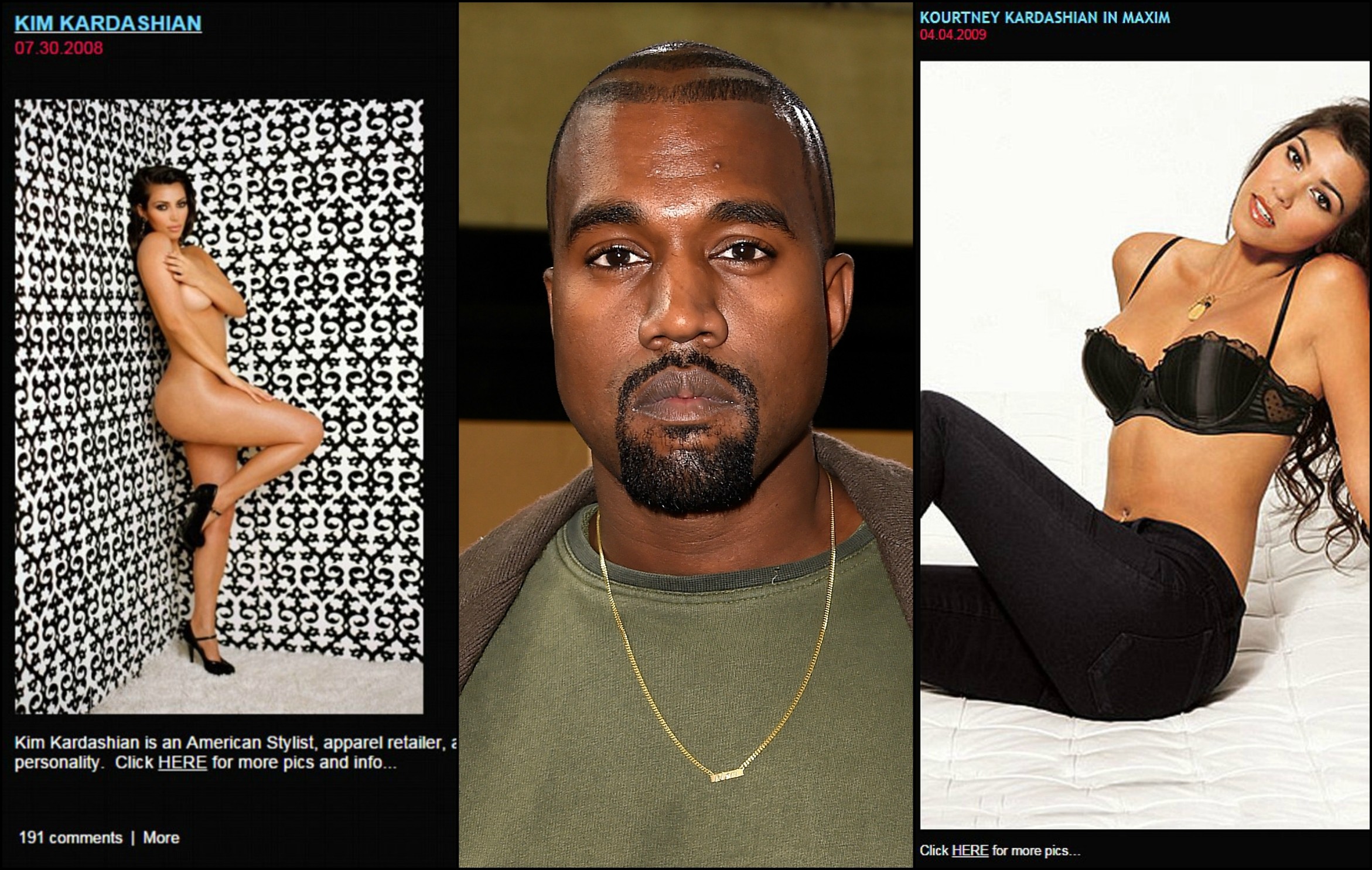 Kim (à esq.), Kanye e Kourtney: um motivo de embaraço para a família da letra K. (Foto: Reprodução e Getty Images)