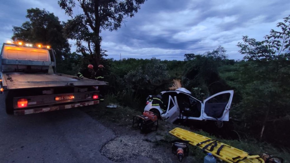 Veículo ficou totalmente destruído após bater em árvore após sair da BR-262, no Pantanal sul-mato-grossense — Foto: Corpo de Bombeiros/Divulgação
