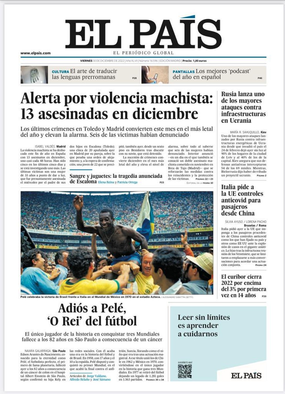'Adeus a Pelé, o rei do futebol', estampou o El País — Foto: Reprodução