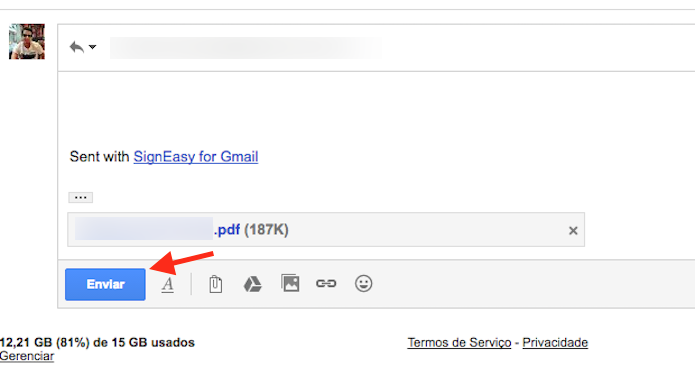 Opção para enviar de volta pelo Gmail um documento assinado com a extensão SignEasy (Foto: Reprodução/Marvin Costa)