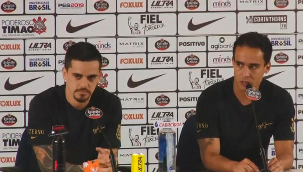 Fagner e Jadson em entrevista coletiva no Corinthians â€” Foto: reproduÃ§Ã£o