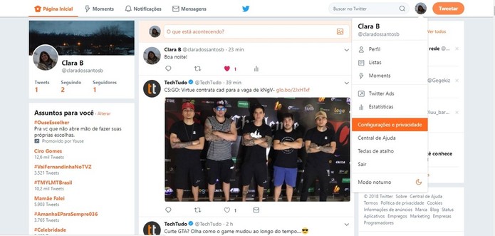 O Twitter possui diversas configurações de privacidade e de notificações, que pode pode mexer dentro do Menu (Foto: Reprodução/Clara Barreto) O Twitter possui diversas configurações de privacidade e de notificações, que pode pode mexer dentro do Menu (Foto: Reprodução/Clara Barreto)