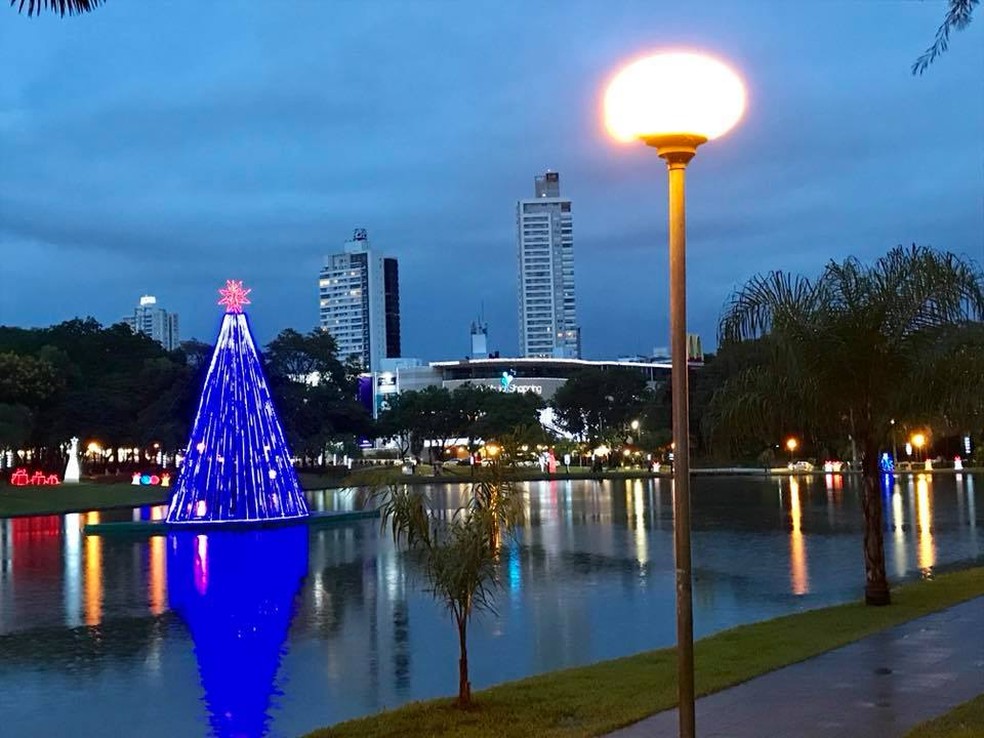 Árvore de Natal feita com garrafas pet tem 15 metros de altura e fica dentro do lago (Foto: Reprodução/Facebook)