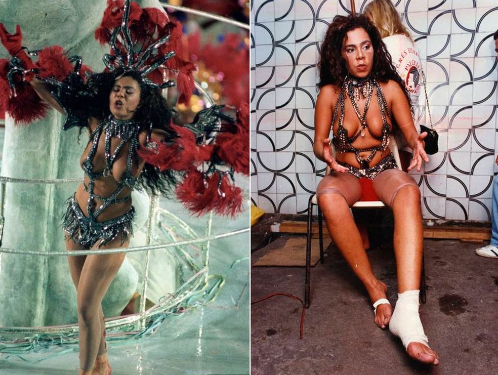 No Carnaval de 92, Luciana Sargentelli deu o sangue, literalmente, pela Estácio de Sá. A passista sambou tanto que acabou fazendo feridas nos pés — Foto: Divulgação/Sebastião Marinho/Carlos Magno