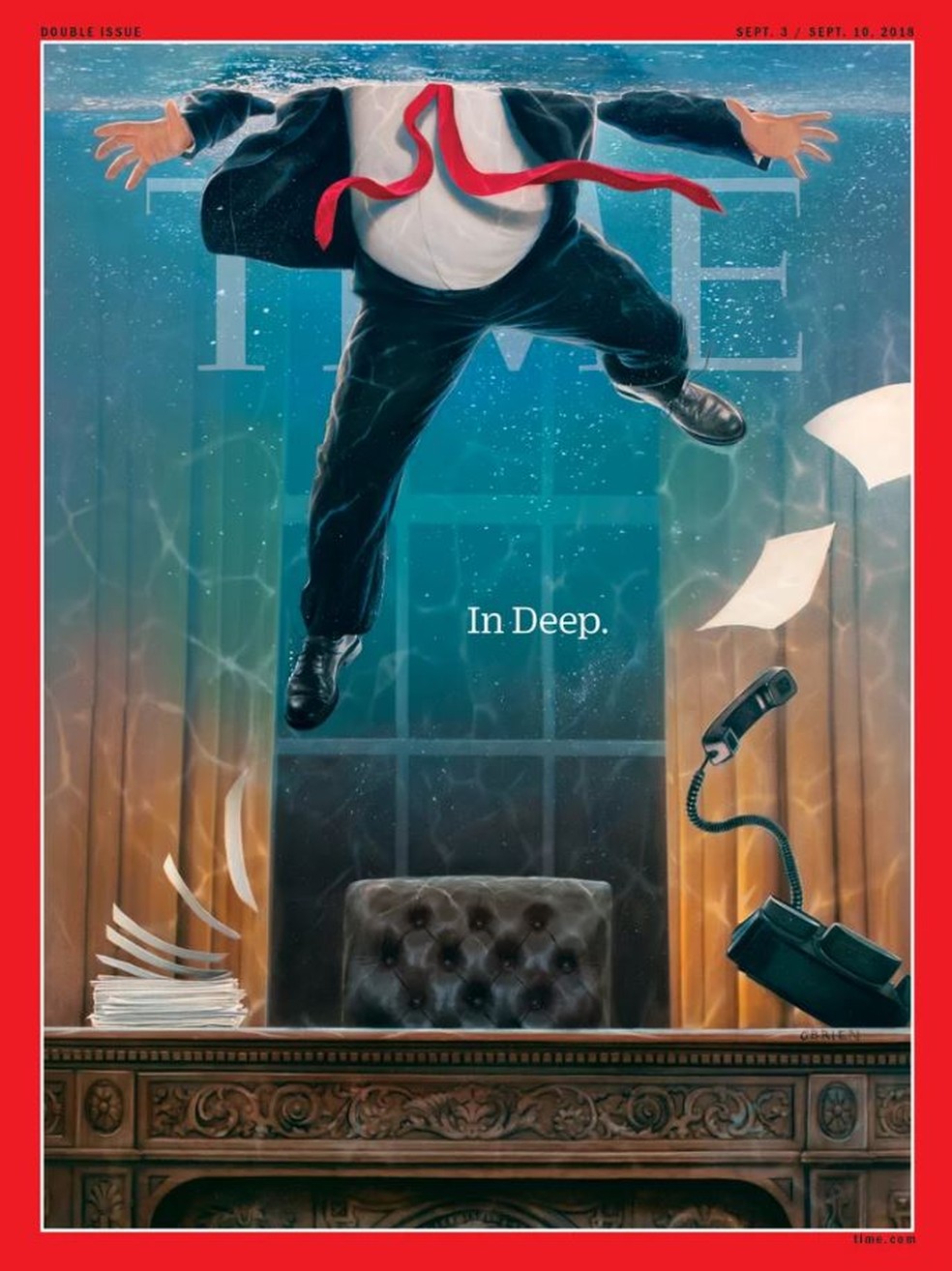 Trump tenta se manter com a cabeça acima da água na nova capa da 'Time'' — Foto: Divulgação/'Time'