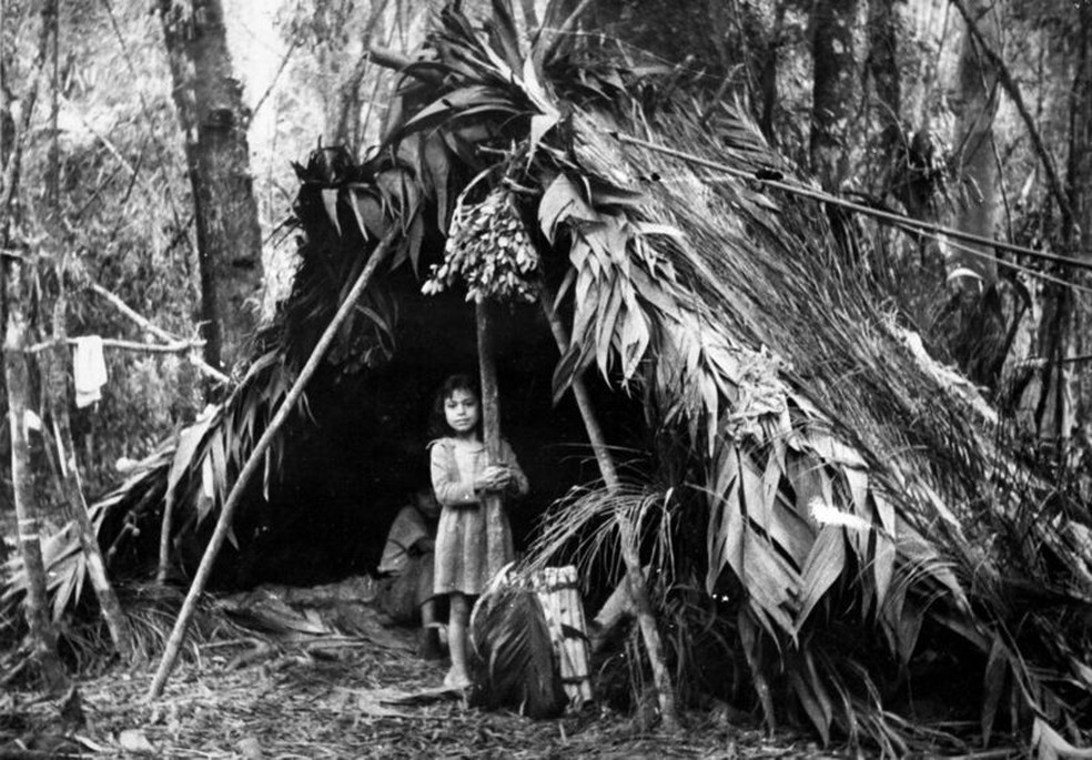 Criança Xokleng em acampamento na floresta, em 1963 — Foto: Acervo SCS