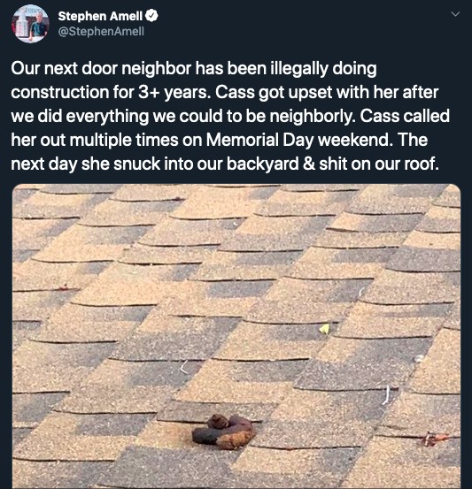 O post do ator Stephen Amell relatando o ataque da vizinha ao seu telhado (Foto: Twitter)