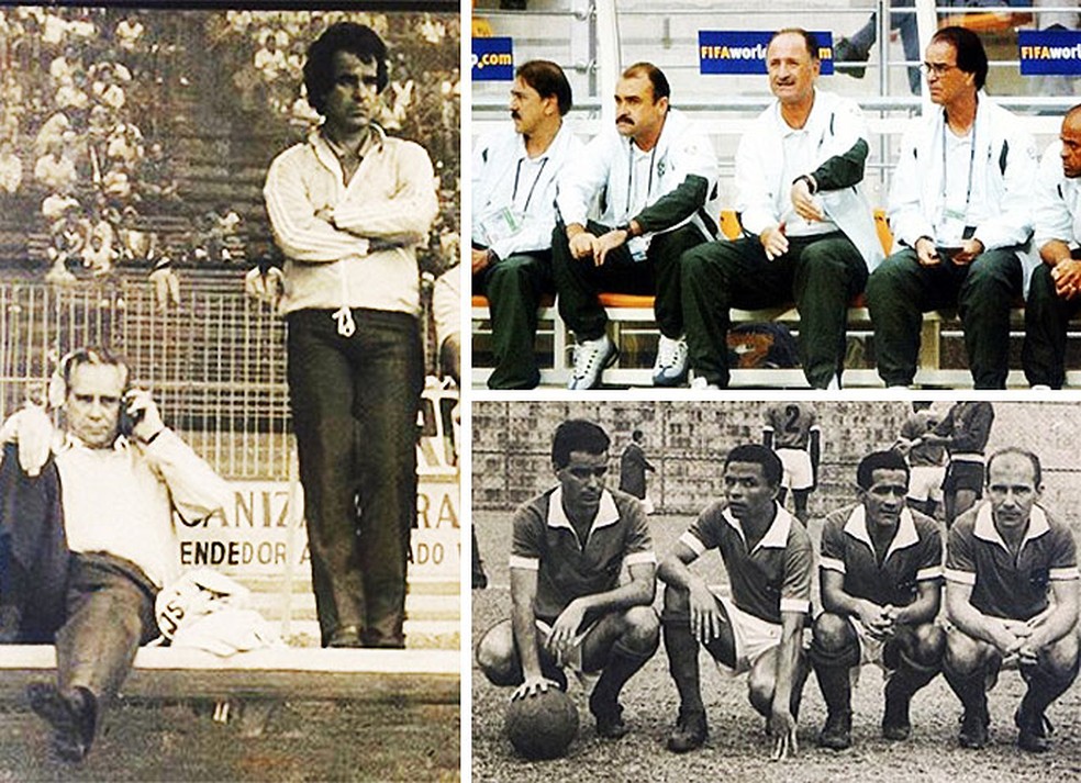 Antônio Lopes no banco de São Januário ao lado de Calçada; na Copa de 2002 com Felipão; e nos raros tempos de jogador — Foto: Arquivo Pessoal