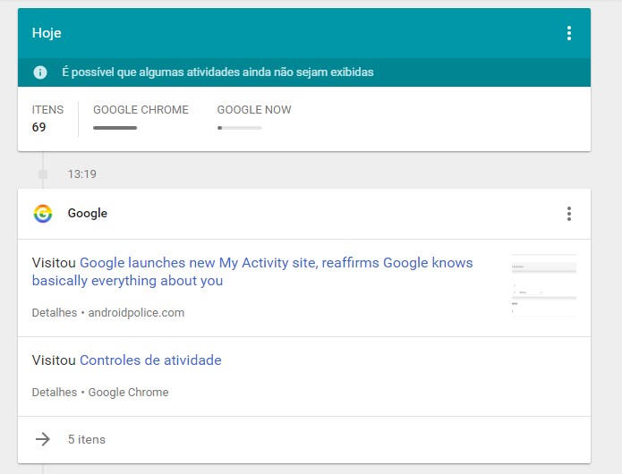 Página do Google reúne informações coletadas de serviços e aplicativos (Foto: Reprodução/Google)
